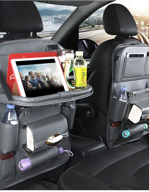 Load image into Gallery viewer, PU Leather Car Storage Bag Multifunction Seat Back Tray Hanging Bag Waterproof Car Organizer Automotive Interior Accessories
