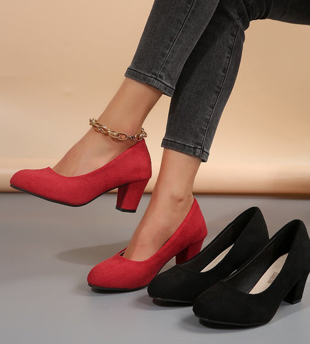 Autumn New Shallow Round Toe Thick Heel Slip-on Elegant High Heels