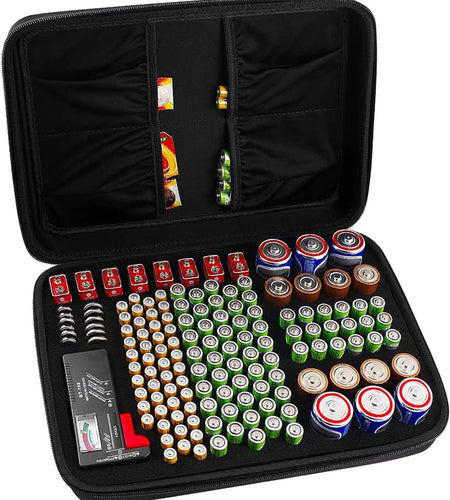 Hard Battery Organizer Storage Box, Carrying Case Bag Holder - Holds 148 Batteries AA AAA C D 9V - with Battery Tester BT-168 (Batteries Are Not Included)