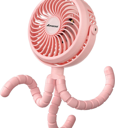 Battery Operated Stroller Fan Flexible Tripod Clip on Fan with 3 Speeds and Rotatable Handheld Personal Fan for Car Seat Crib Bike Treadmill (Pink)
