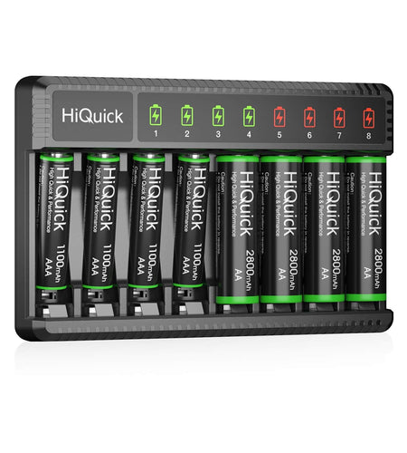 8 Bay Smart Battery Charger with AA & AAA Rechargeable Batteries- Fast Charging Household and 2800Mah Batteries 4 Pack 1100Mah