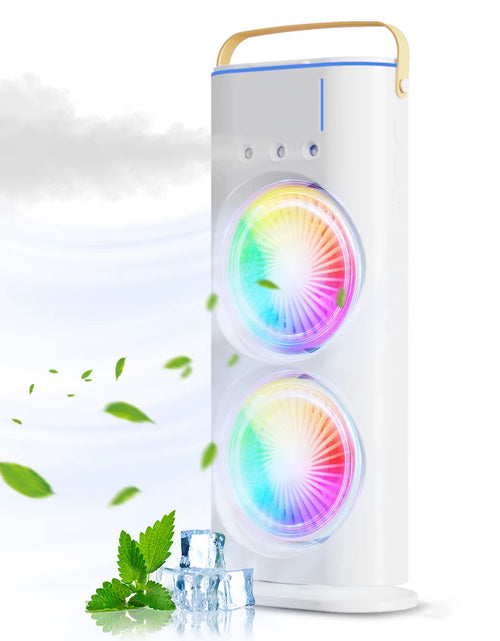 Load image into Gallery viewer, BreezeGlow™ 2-in-1 Dual Mist Cooling Fan – Chill, Hydrate &amp; Light Up Your Space
