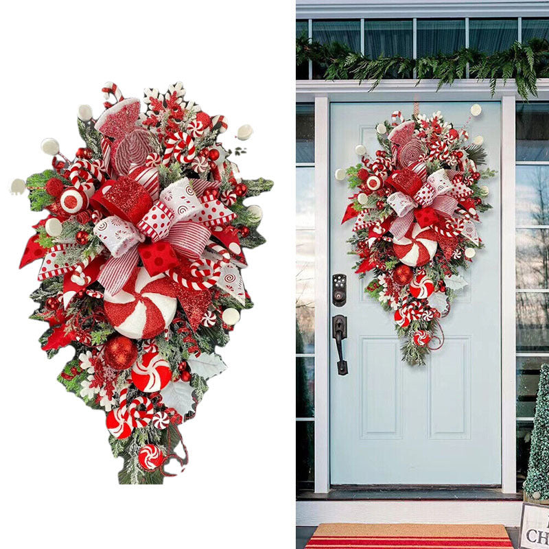 Christmas Wreath Candy Upside Down Tree Garland Artificial Xmas Ornament Home Porch Window Christmas wreath Door Wall Hanging Decoration