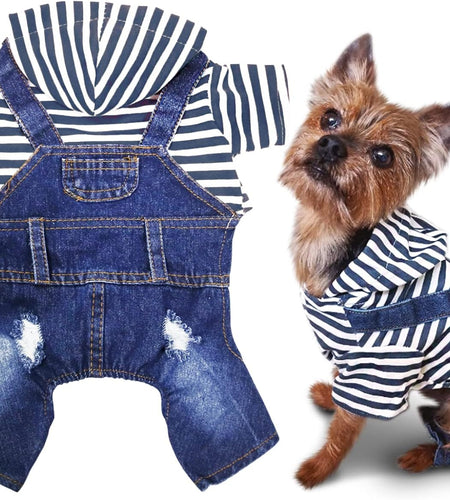 Pet Denim Jumpsuit Dog Jeans Hoodies Cool Blue Coat Medium Small Dogs Classic Jacket Puppy Blue Vintage Washed Vests (L)