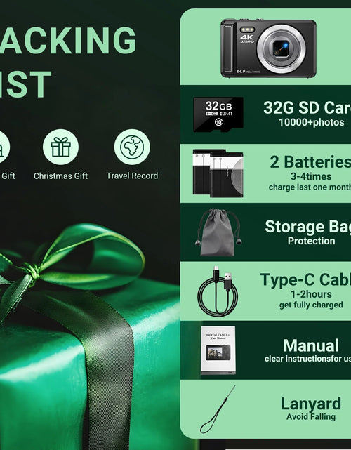 Load image into Gallery viewer, Digital Camera 4K UHD 44MP Vlogging Camera, Autofocus Compact Camera with 16X Digital Zoom, Point and Shoot Digital Camera with 32GB SD Card &amp; 2 Batteries
