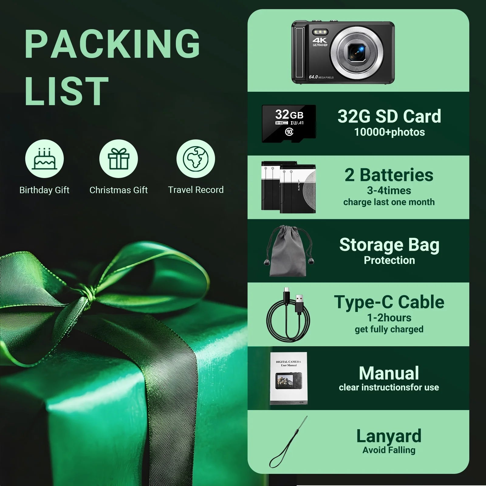 Digital Camera 4K UHD 44MP Vlogging Camera, Autofocus Compact Camera with 16X Digital Zoom, Point and Shoot Digital Camera with 32GB SD Card & 2 Batteries