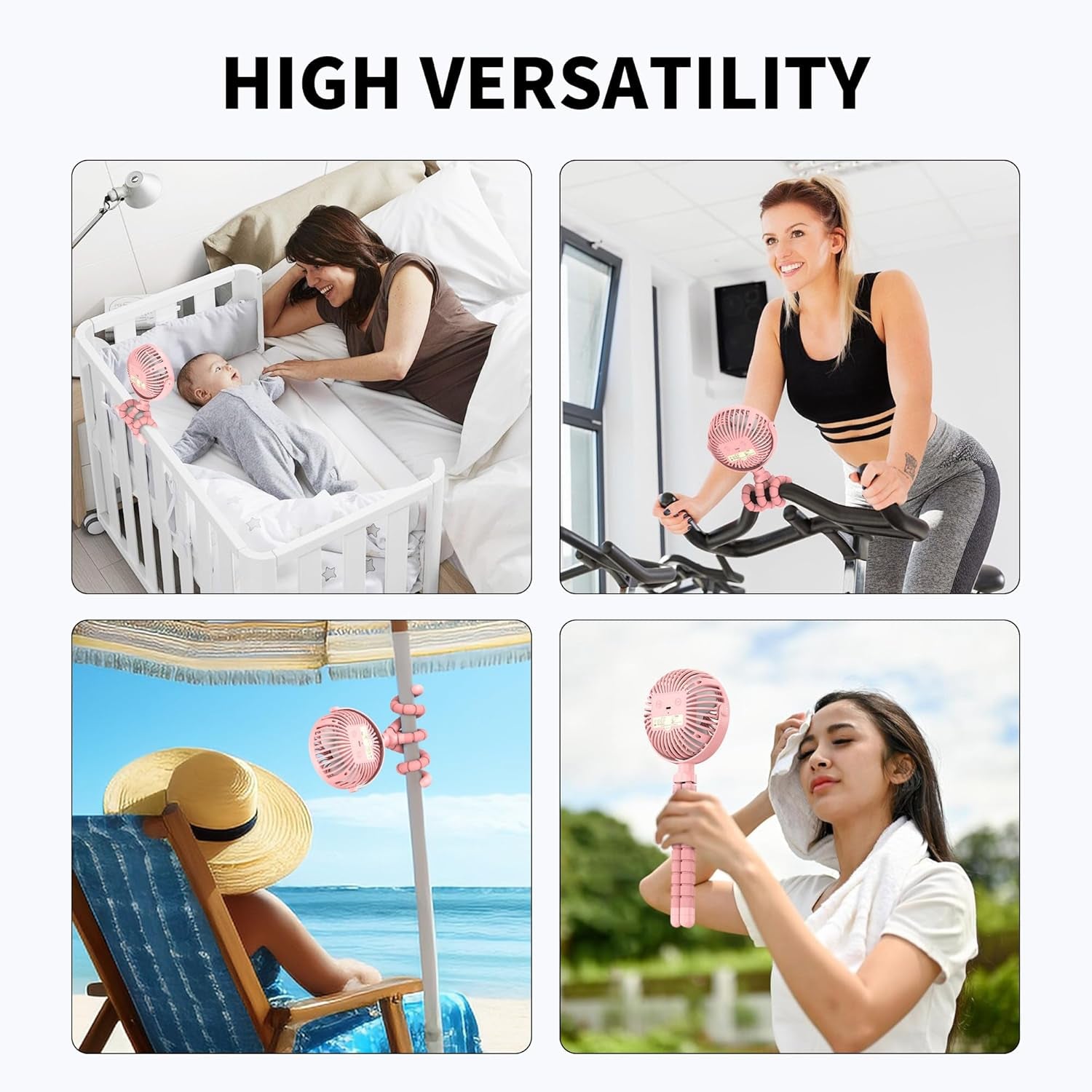 Battery Operated Stroller Fan Flexible Tripod Clip on Fan with 3 Speeds and Rotatable Handheld Personal Fan for Car Seat Crib Bike Treadmill (Pink)