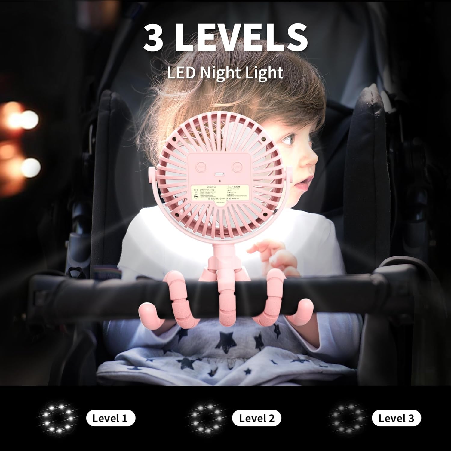 Battery Operated Stroller Fan Flexible Tripod Clip on Fan with 3 Speeds and Rotatable Handheld Personal Fan for Car Seat Crib Bike Treadmill (Pink)