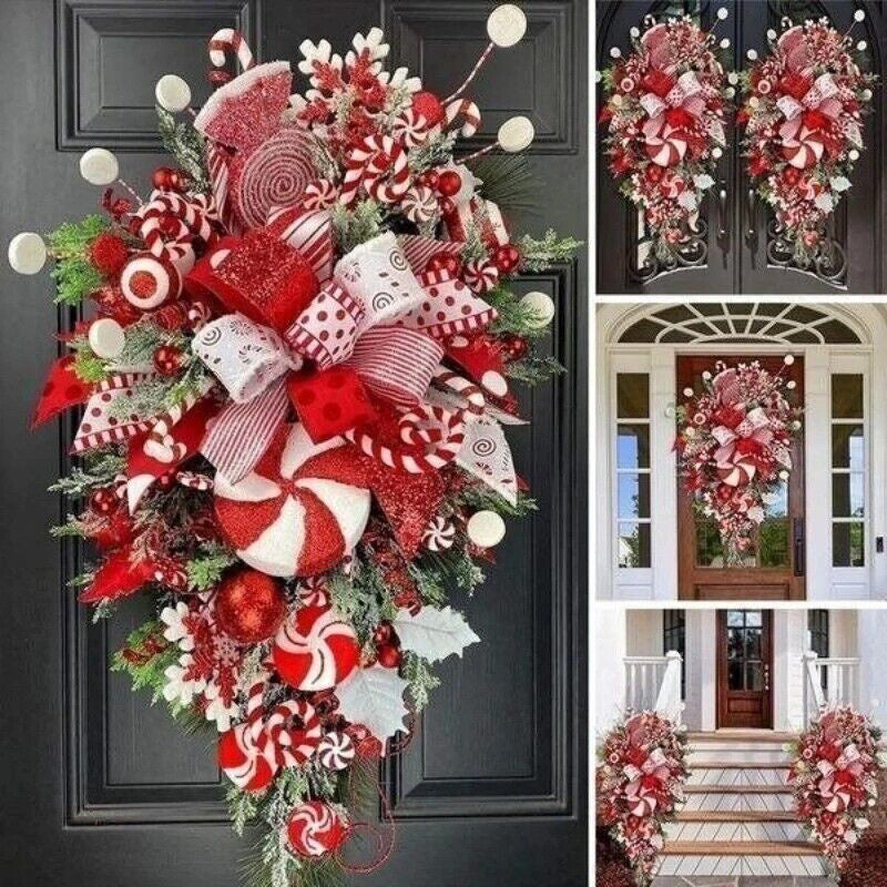 Christmas Wreath Candy Upside Down Tree Garland Artificial Xmas Ornament Home Porch Window Christmas wreath Door Wall Hanging Decoration