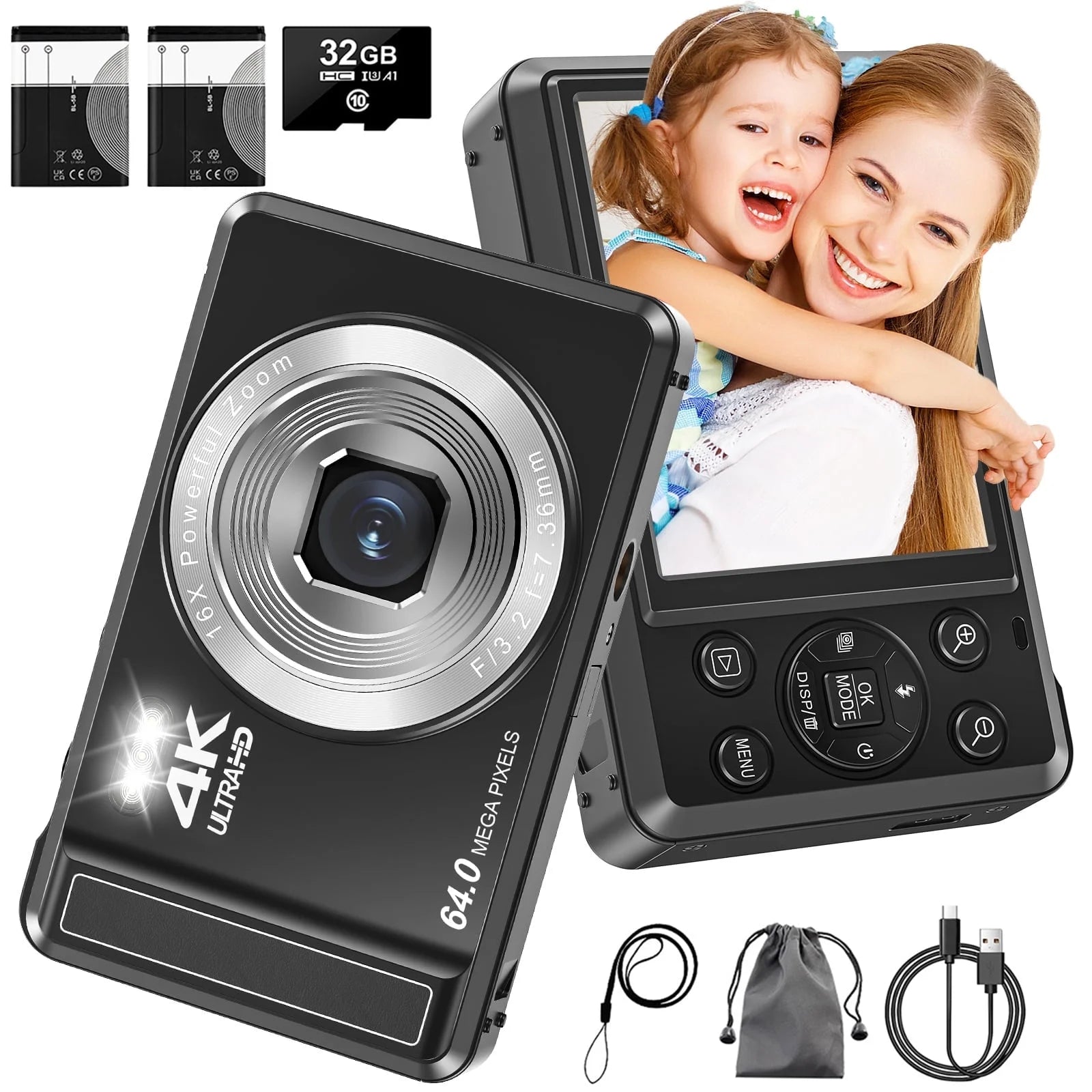 Digital Camera 4K UHD 44MP Vlogging Camera, Autofocus Compact Camera with 16X Digital Zoom, Point and Shoot Digital Camera with 32GB SD Card & 2 Batteries