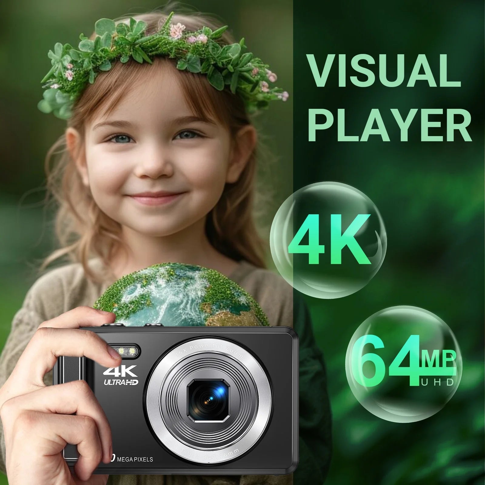 Digital Camera 4K UHD 44MP Vlogging Camera, Autofocus Compact Camera with 16X Digital Zoom, Point and Shoot Digital Camera with 32GB SD Card & 2 Batteries