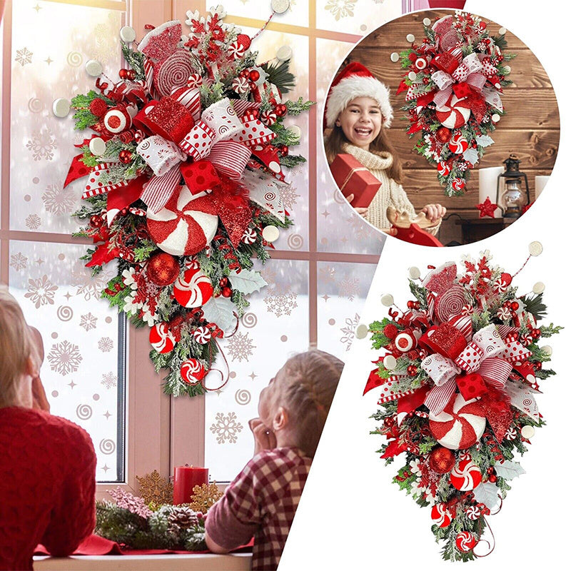 Christmas Wreath Candy Upside Down Tree Garland Artificial Xmas Ornament Home Porch Window Christmas wreath Door Wall Hanging Decoration